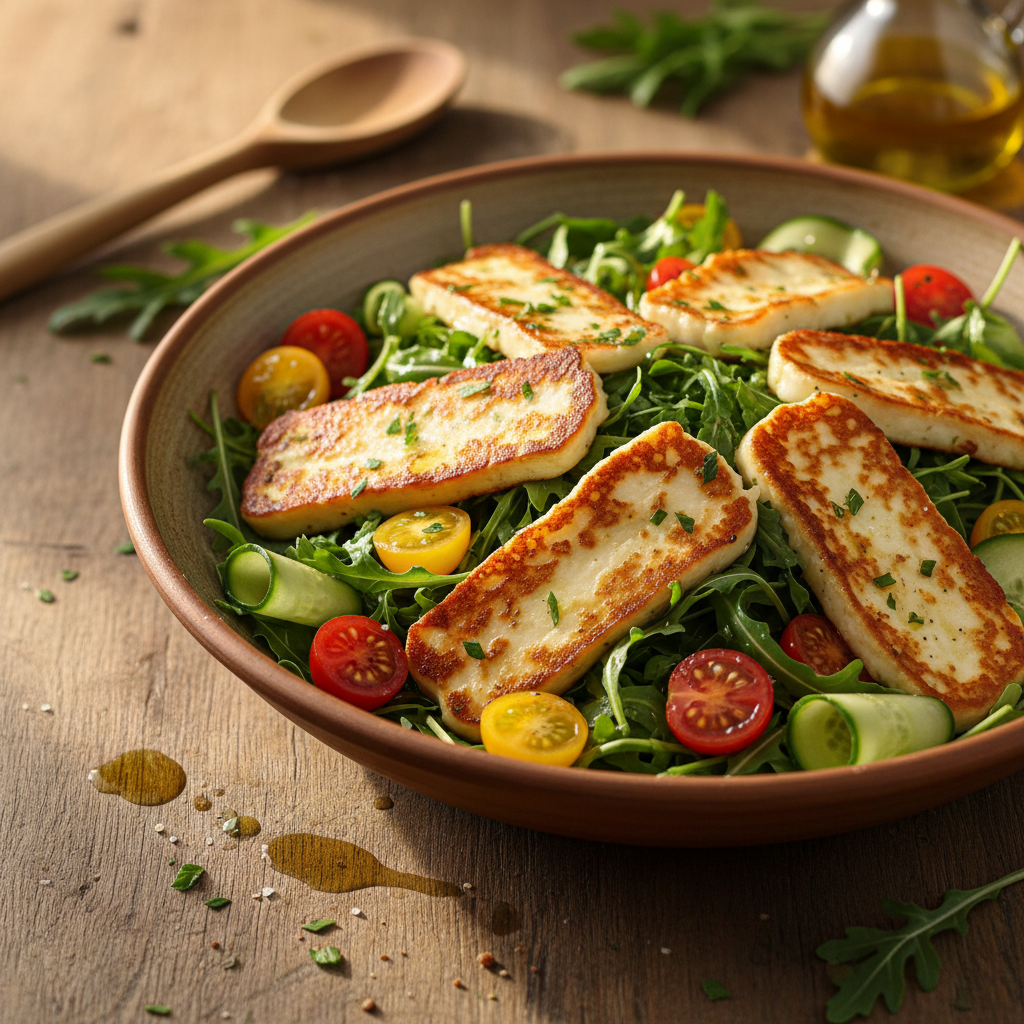 Kiire ja maitsev pannil küpsetatud halloumi-salat