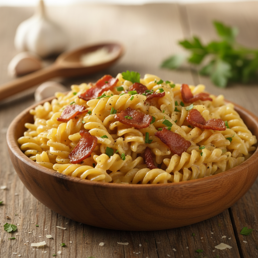 Lihtne koorese kastmega peekonipasta kogu perele
